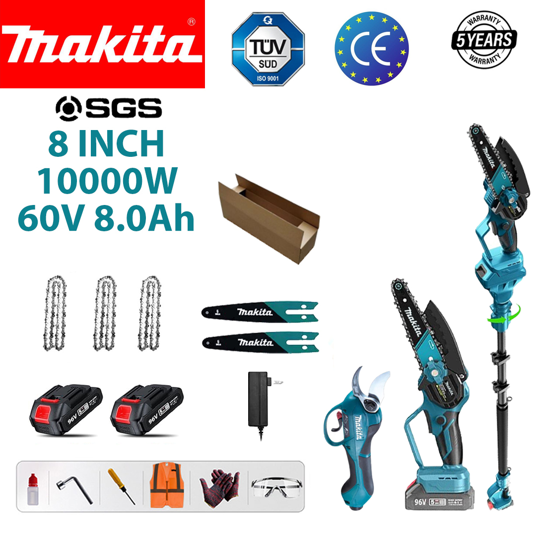 [Autoritatea de viață a bateriei 24 de ore] Ferăstrău cu lanț fără perii cu litiu de 8 inchi 10000 W + foarfece de tăiat + stâlp telescopic (retractabil liber 1,2 m-4,6 m) + baterie 60 V 8,0 Ah * 2 + încărcător rapid + set complet de accesorii